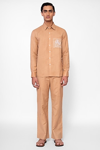 Earthy Sand Colored Linen Blend Embroidered Co-Ord Set by DIERMEISS BY THE DRAGON LADY