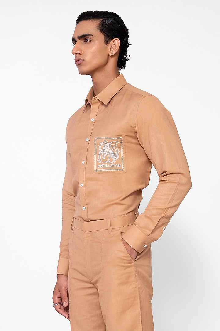 Earthy Sand Colored Linen Blend Embroidered Co-Ord Set by DIERMEISS BY THE DRAGON LADY at Pernia's Pop Up Shop