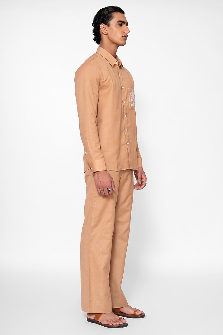Earthy Sand Colored Linen Blend Embroidered Co-Ord Set by DIERMEISS BY THE DRAGON LADY at Pernia's Pop Up Shop