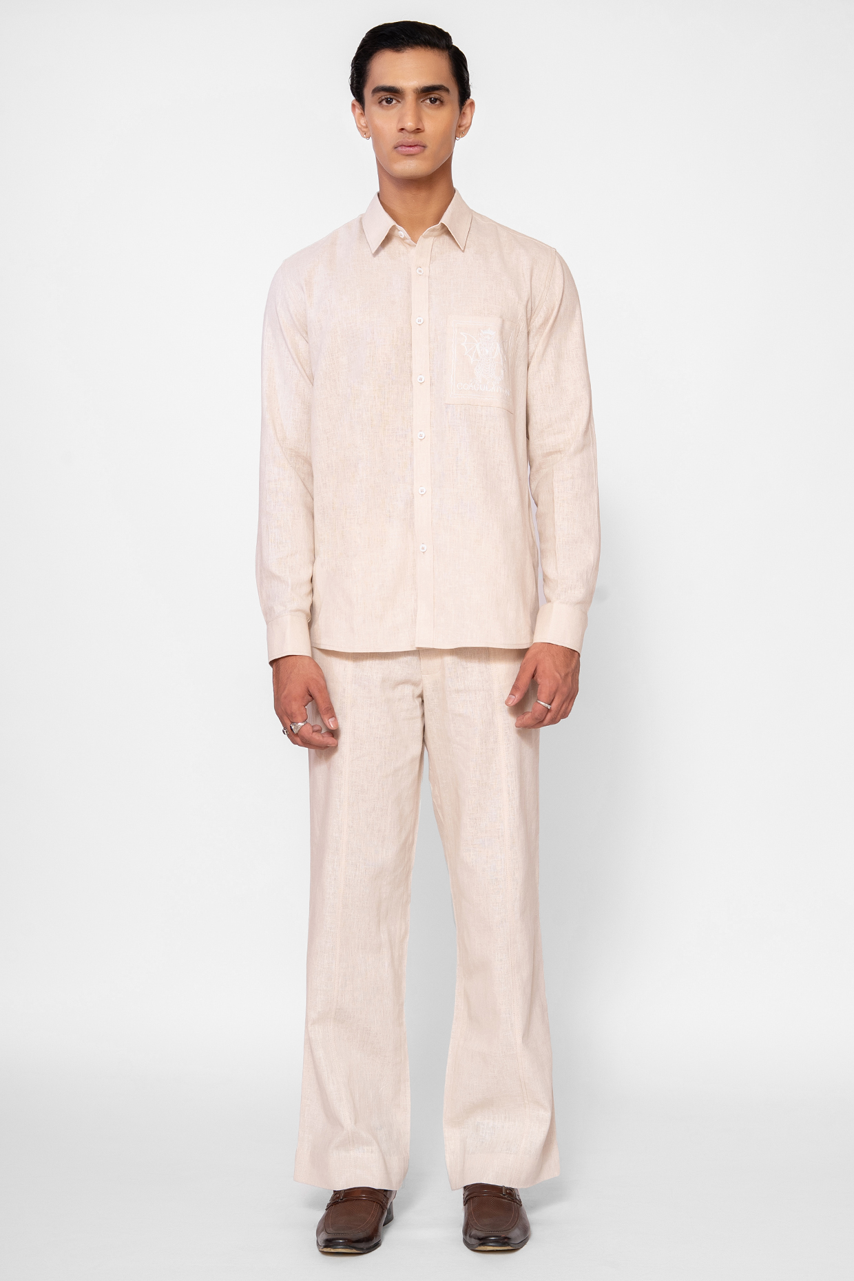Ecru Linen Blend Thread Embroidered Co-Ord Set by DIERMEISS BY THE DRAGON LADY