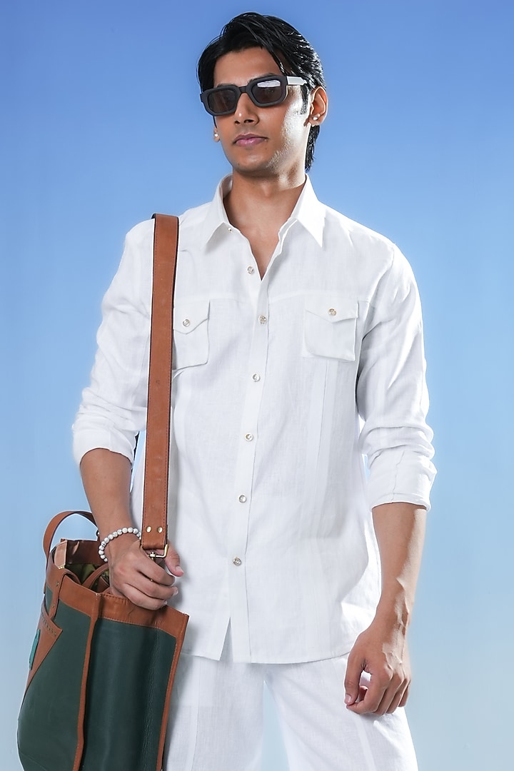 White Linen Party Wear Shirt by DIERMEISS BY THE DRAGON LADY at Pernia's Pop Up Shop