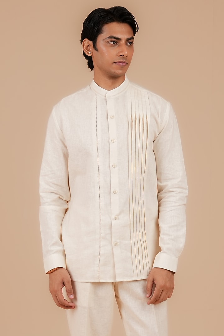 Light Beige Linen Cotton Party Wear Shirt by DIERMEISS BY THE DRAGON LADY at Pernia's Pop Up Shop