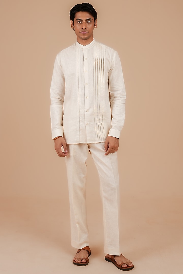 Light Beige Linen Cotton Party Wear Shirt by DIERMEISS BY THE DRAGON LADY at Pernia's Pop Up Shop