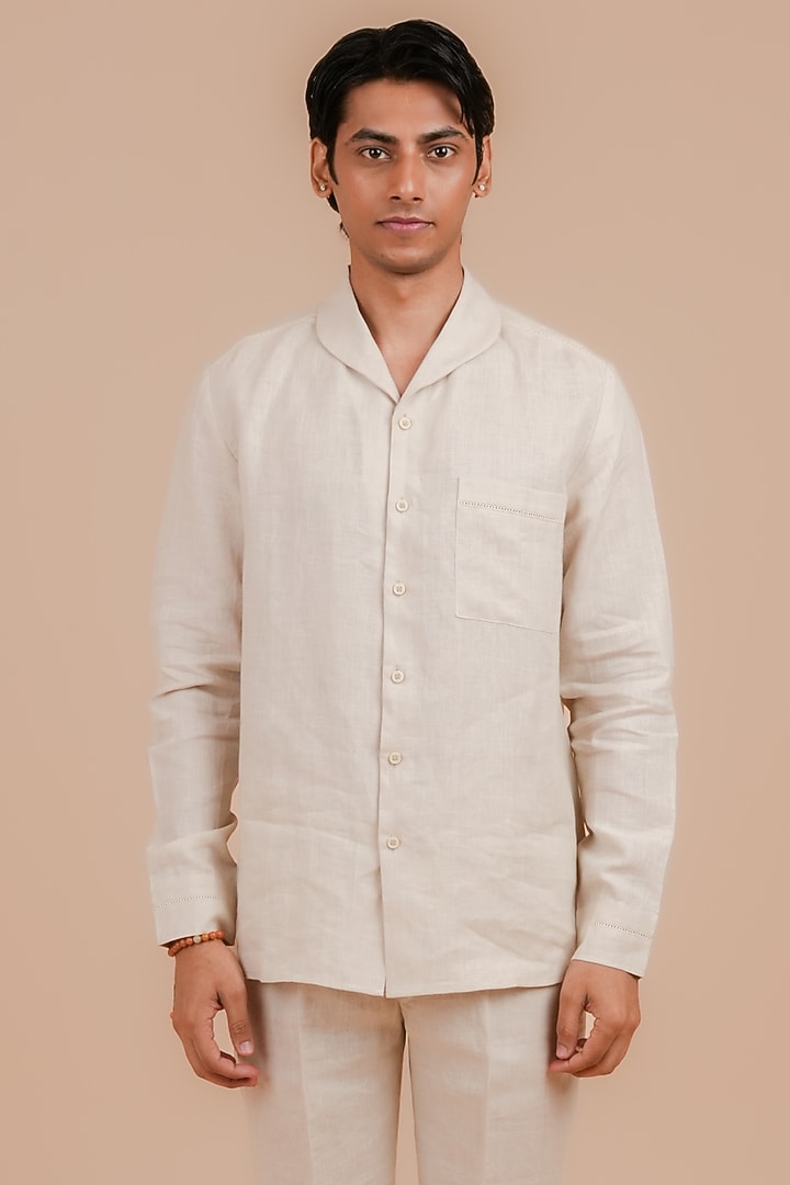 Light Beige Linen Party Wear Shirt by DIERMEISS BY THE DRAGON LADY at Pernia's Pop Up Shop