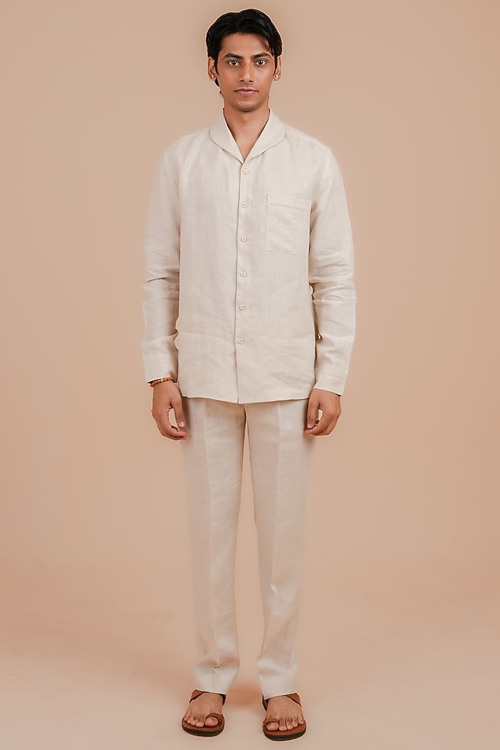 Light Beige Linen Party Wear Shirt by DIERMEISS BY THE DRAGON LADY at Pernia's Pop Up Shop