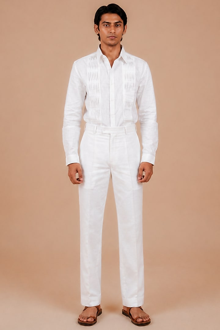 White Cotton Straight-Fit Trousers by DIERMEISS BY THE DRAGON LADY at Pernia's Pop Up Shop