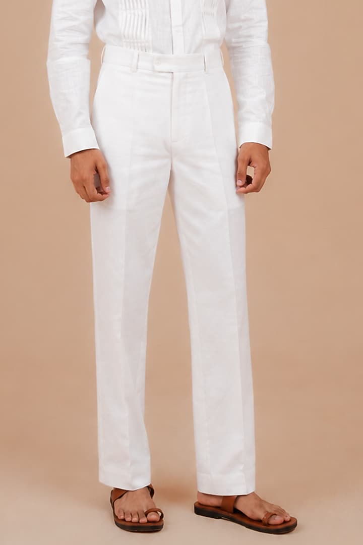 White Cotton Straight-Fit Trousers by DIERMEISS BY THE DRAGON LADY at Pernia's Pop Up Shop