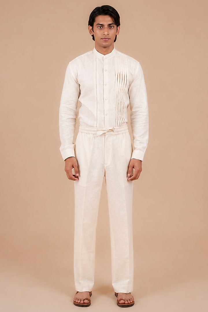 Light Beige Linen Cotton Trousers by DIERMEISS BY THE DRAGON LADY at Pernia's Pop Up Shop