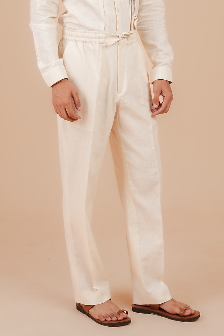 Light Beige Linen Cotton Trousers by DIERMEISS BY THE DRAGON LADY at Pernia's Pop Up Shop