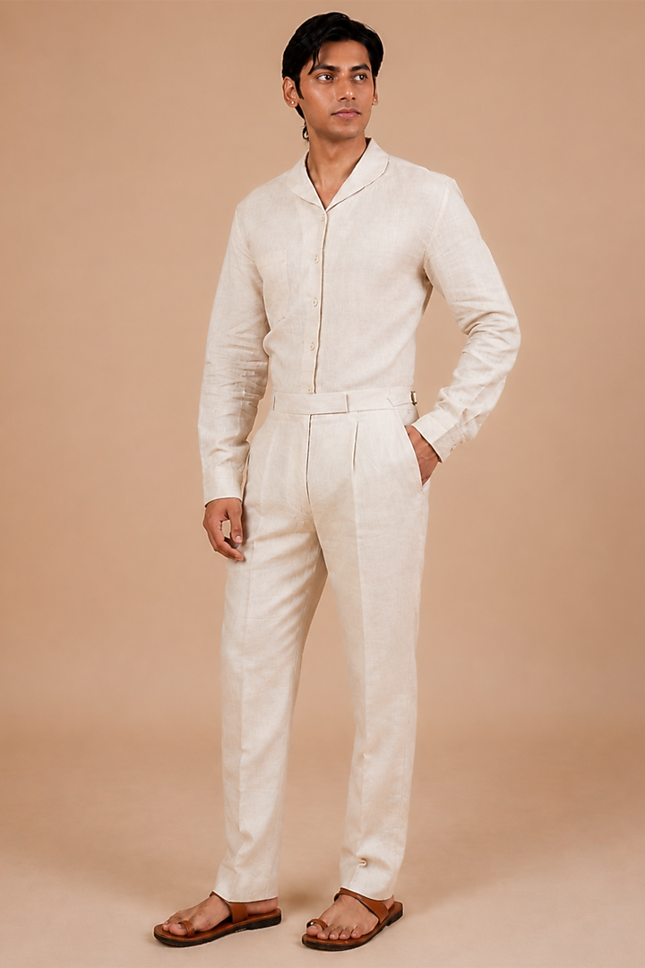 Light Beige Linen Trousers by DIERMEISS BY THE DRAGON LADY at Pernia's Pop Up Shop