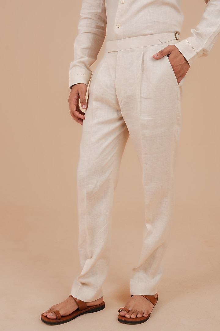 Light Beige Linen Trousers by DIERMEISS BY THE DRAGON LADY at Pernia's Pop Up Shop