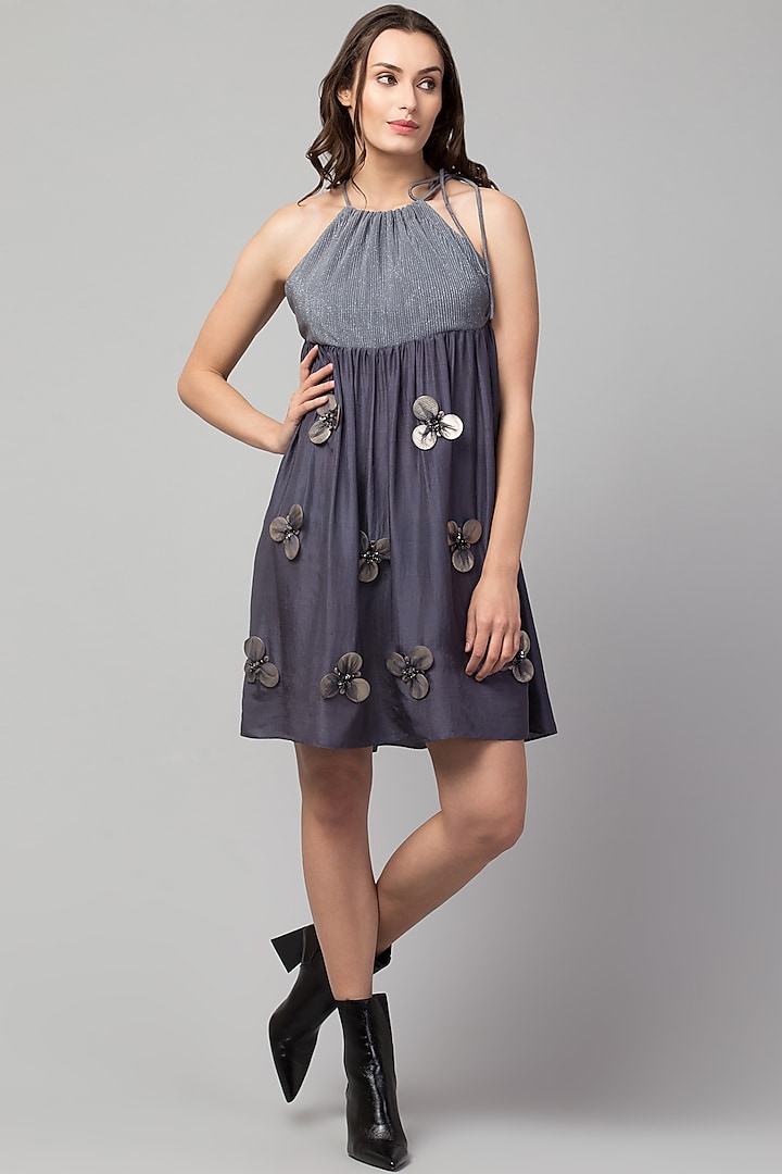 Slate Grey Silk Embroidered Dress by Divya Jain
