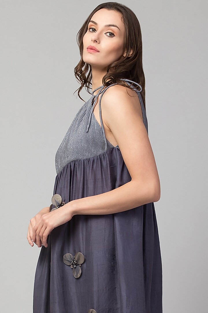 Slate Grey Silk Embroidered Summer Dress by Divya Jain at Pernia's Pop Up Shop