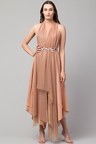 Old Rose Silk Jumpsuit With Dupatta by Divya Jain