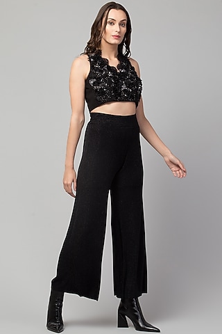 Black 3D Floral Embroidered Top by Divya Jain