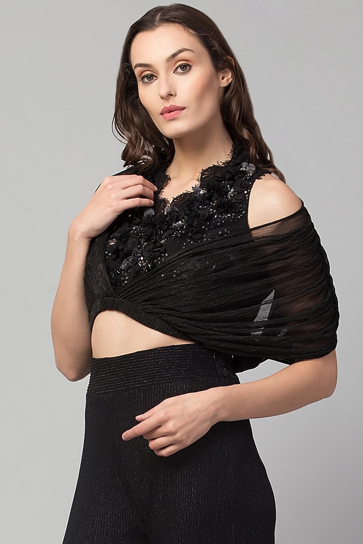 Black 3D Floral Embroidered Top by Divya Jain at Pernia's Pop Up Shop