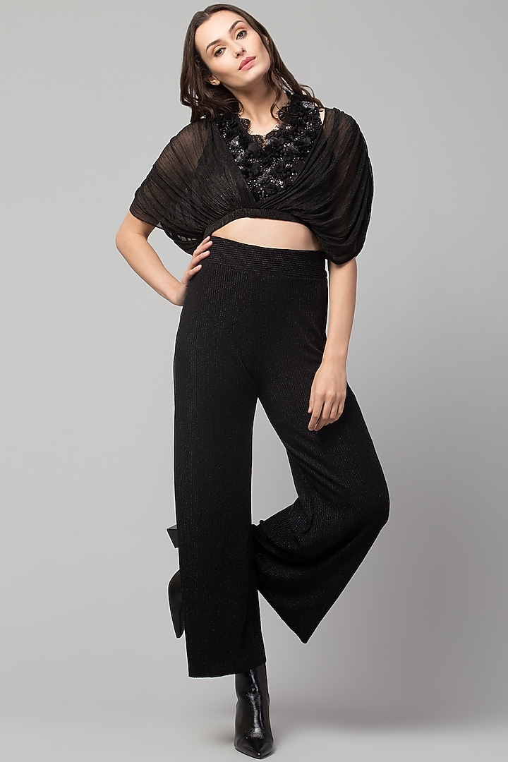 Black 3D Floral Embroidered Top by Divya Jain at Pernia's Pop Up Shop
