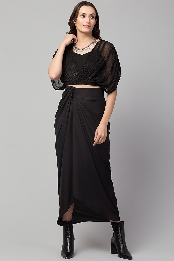Black Viscose Satin Silk Midi Skirt by Divya Jain