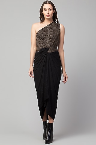 Black Poly & Shimmer Lycra Knot Dress by Divya Jain