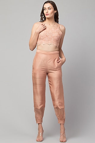 Old Rose Lace Spaghetti Top by Divya Jain