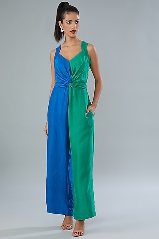 Blue & Green Silk Color-Blocked Jumpsuit by Divya Jain