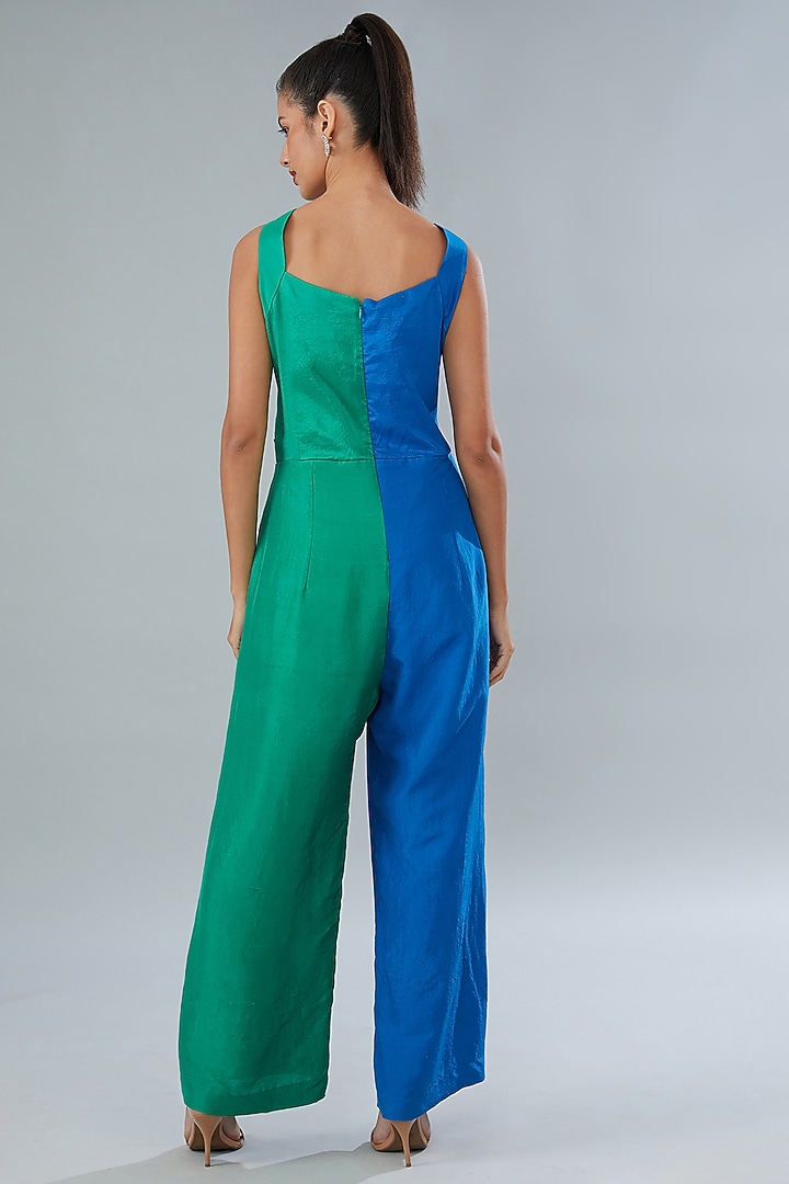 Blue & Green Silk Color-Blocked Jumpsuit by Divya Jain at Pernia's Pop Up Shop