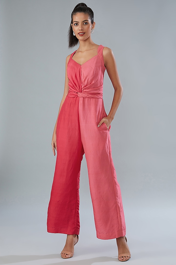 Pink Silk Color-Blocked Jumpsuit by Divya Jain