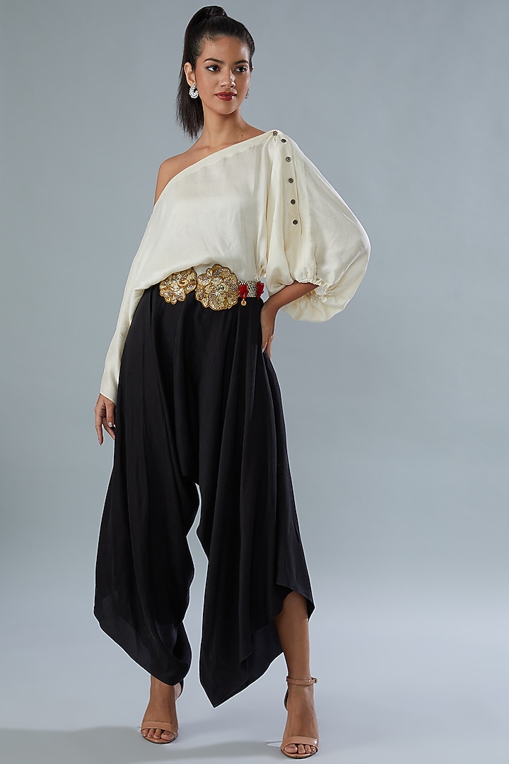 Ivory & Black Silk One-Shoulder Jumpsuit by Divya Jain at Pernia's Pop Up Shop