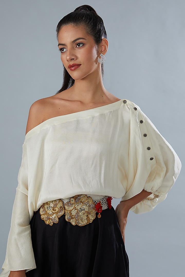 Ivory & Black Silk One-Shoulder Jumpsuit by Divya Jain at Pernia's Pop Up Shop
