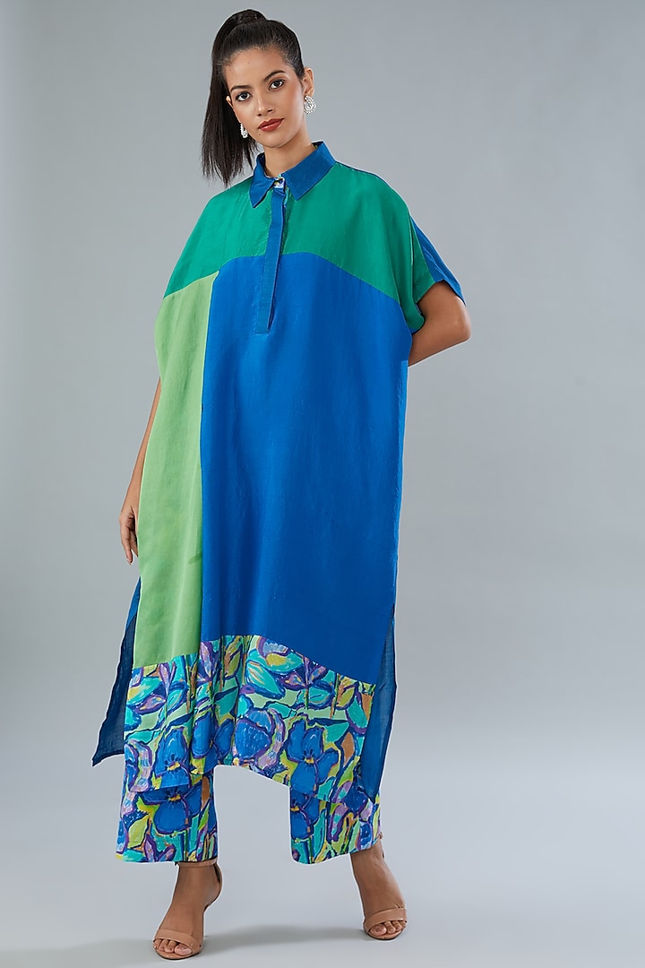 Multi-Colored Silk Color-Blocked Kurta Set by Divya Jain at Pernia's Pop Up Shop