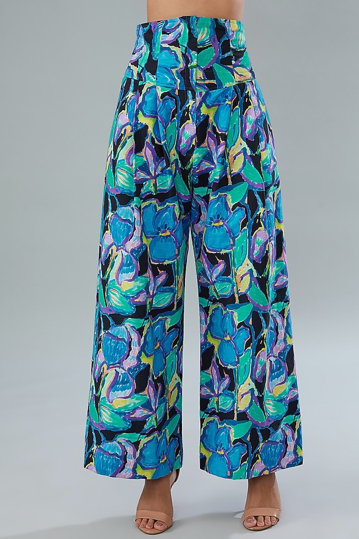 Multi-Colored Herringbone Cotton Printed High-Waisted Pants by Divya Jain at Pernia's Pop Up Shop