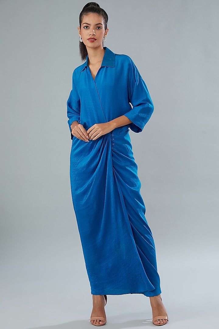 Blue Silk Wrapped Dress by Divya Jain at Pernia's Pop Up Shop