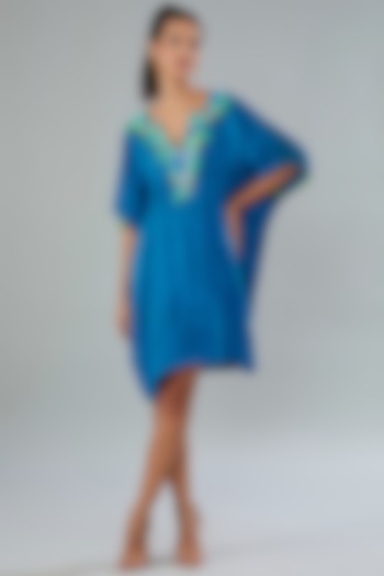 Blue Silk Thread Embroidered Kaftan Dress by Divya Jain at Pernia's Pop Up Shop