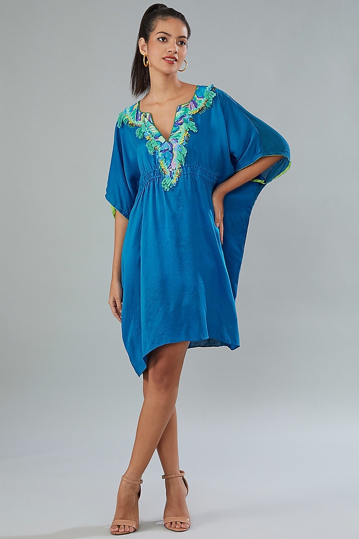 Blue Silk Thread Embroidered Kaftan Dress by Divya Jain at Pernia's Pop Up Shop