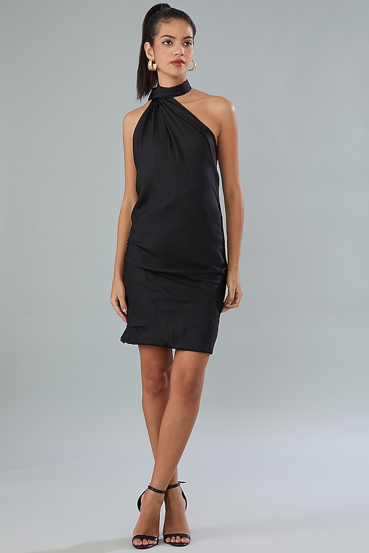 Black Pure Silk Mini Scarf Dress by Divya Jain at Pernia's Pop Up Shop