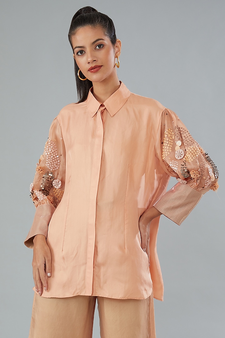 Peach Pure Silk Shirt by Divya Jain