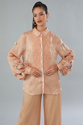 Peach Silk Organza 3D Floral Shirt by Divya Jain