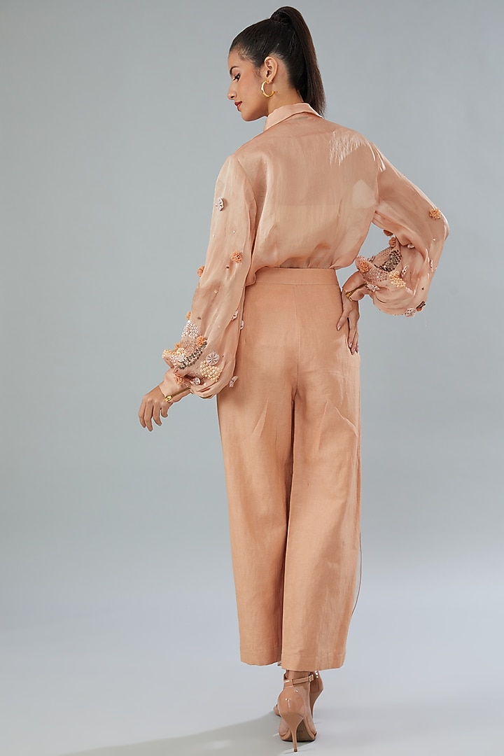 Peach Silk Organza 3D Floral Shirt by Divya Jain at Pernia's Pop Up Shop