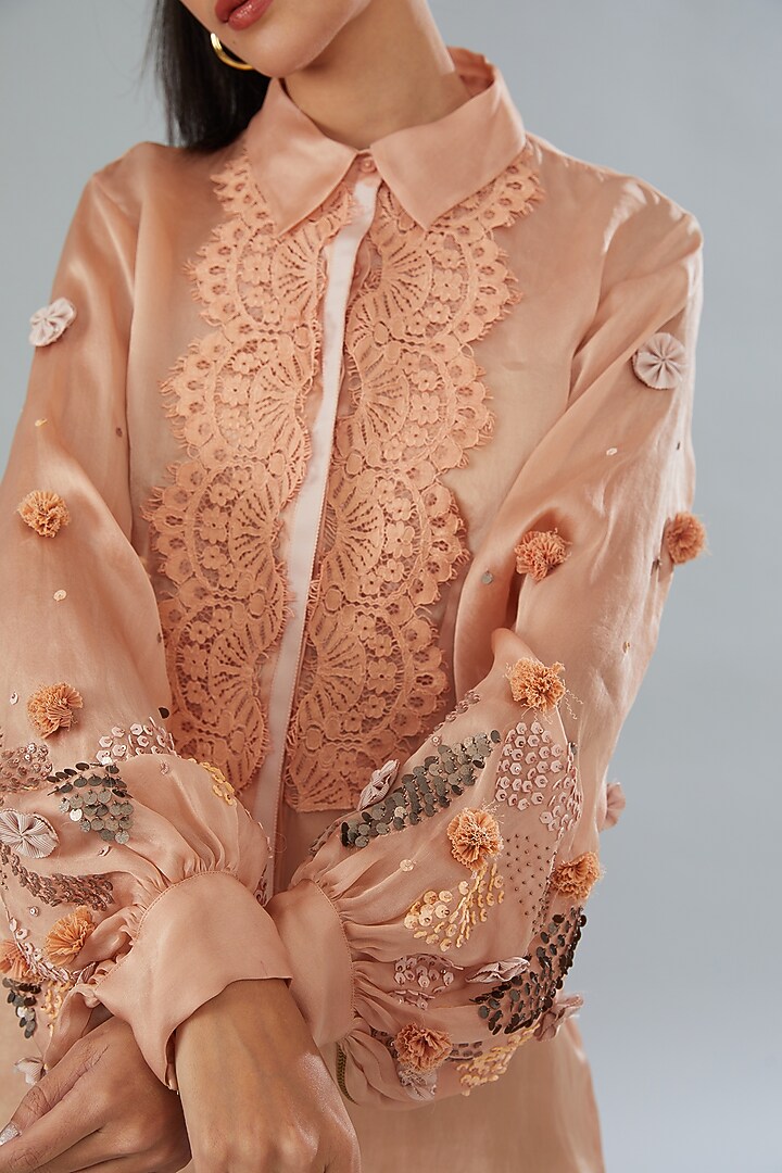 Peach Silk Organza 3D Floral Shirt by Divya Jain at Pernia's Pop Up Shop