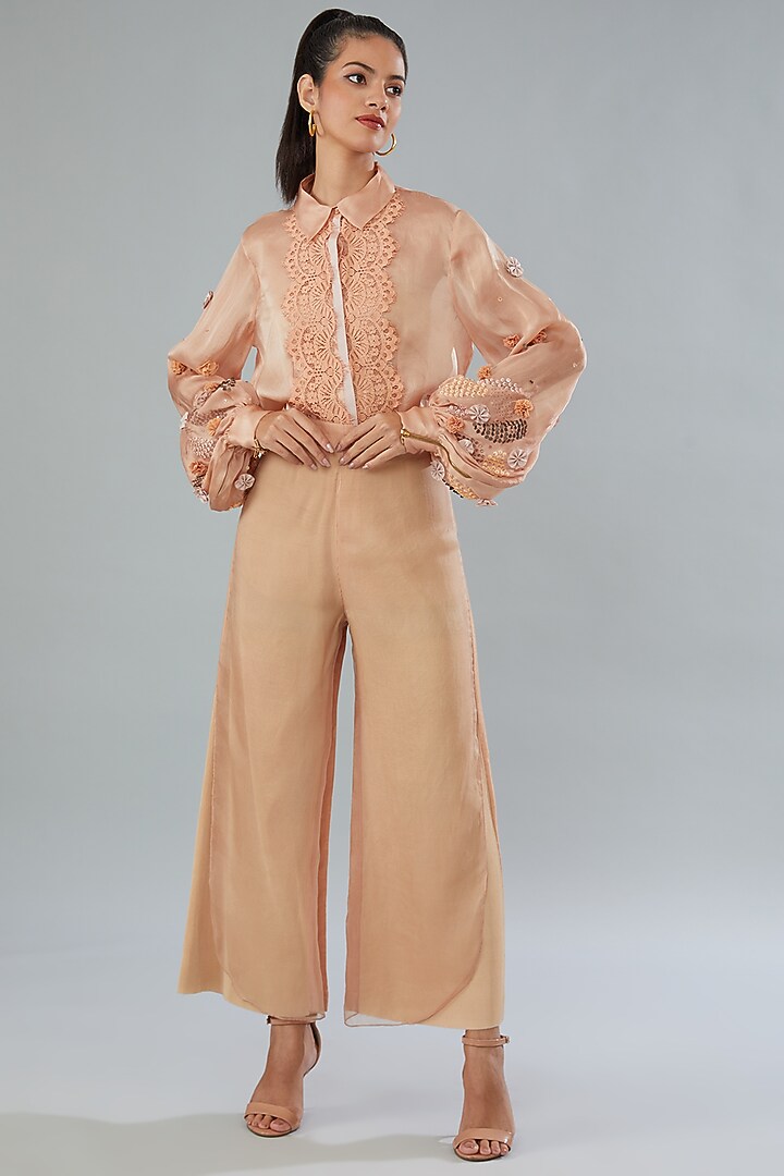 Peach Silk Organza 3D Floral Shirt by Divya Jain at Pernia's Pop Up Shop