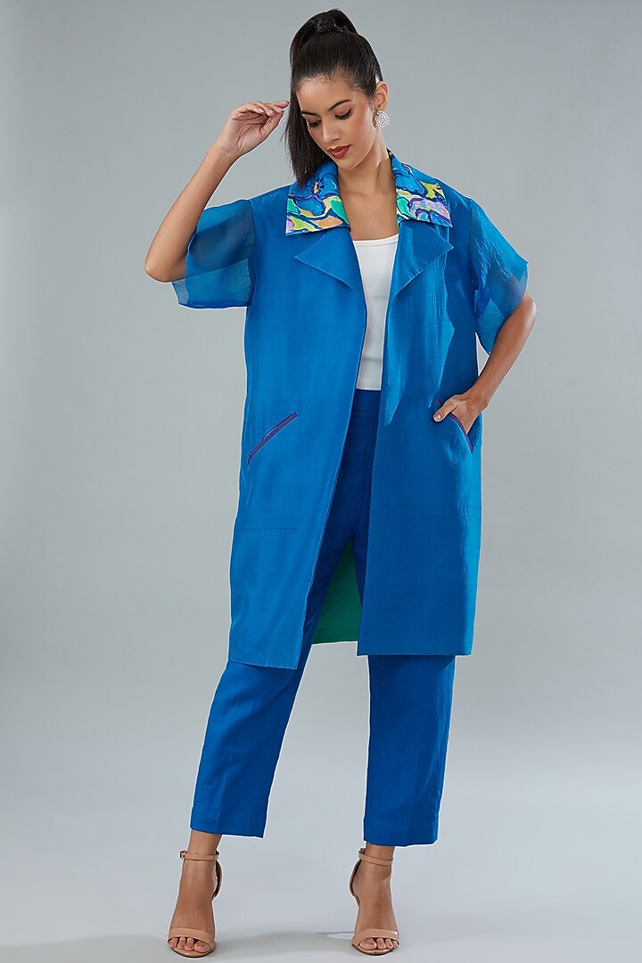 Blue Silk Jacket Set by Divya Jain at Pernia's Pop Up Shop