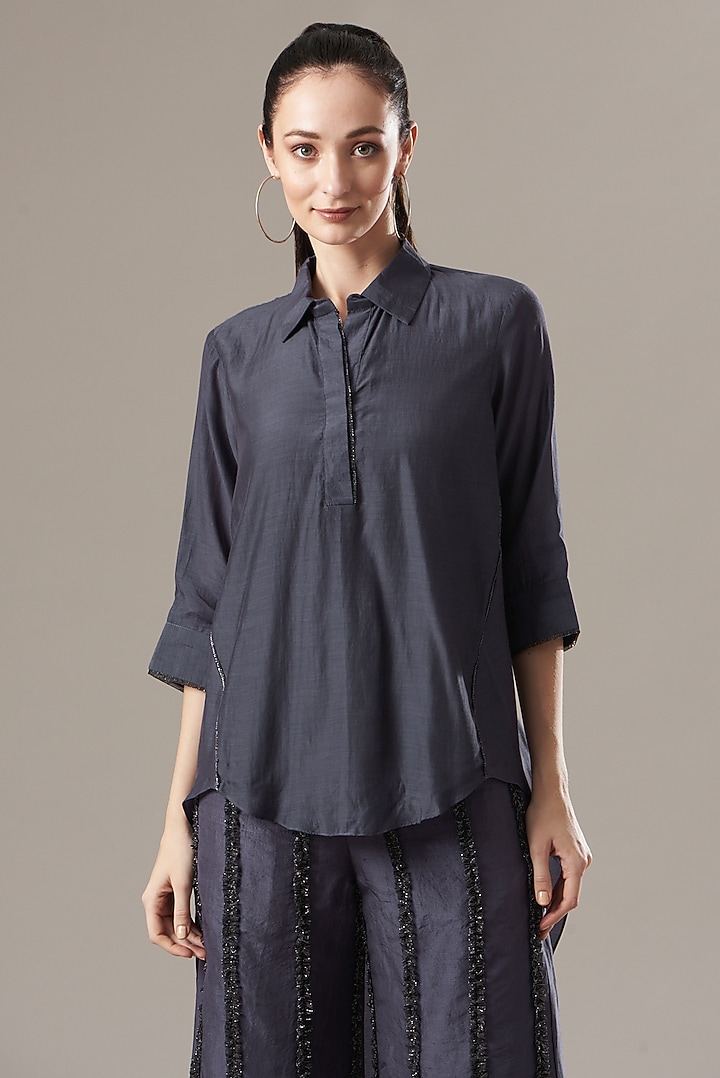 Grey Cotton Silk High-Low Top by Divya Jain at Pernia's Pop Up Shop
