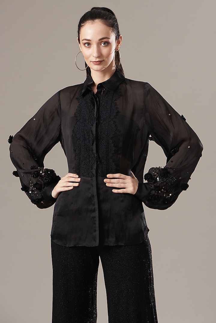 Black Silk Organza Shirt by Divya Jain at Pernia's Pop Up Shop