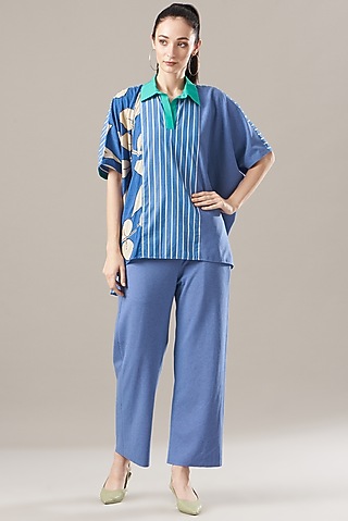 Blue Cotton Pant Set by Divya Jain