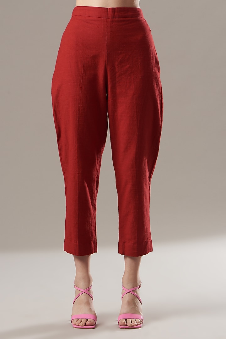 Red Cotton Linen Pencil Pants by Divya Jain at Pernia's Pop Up Shop