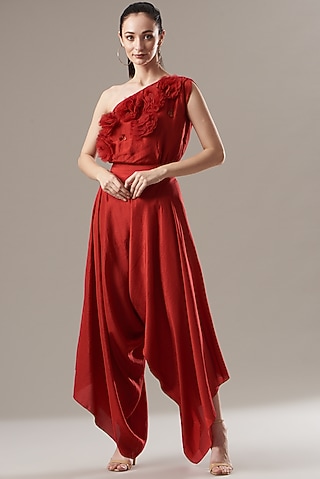 Red Silk Leotard Top by Divya Jain