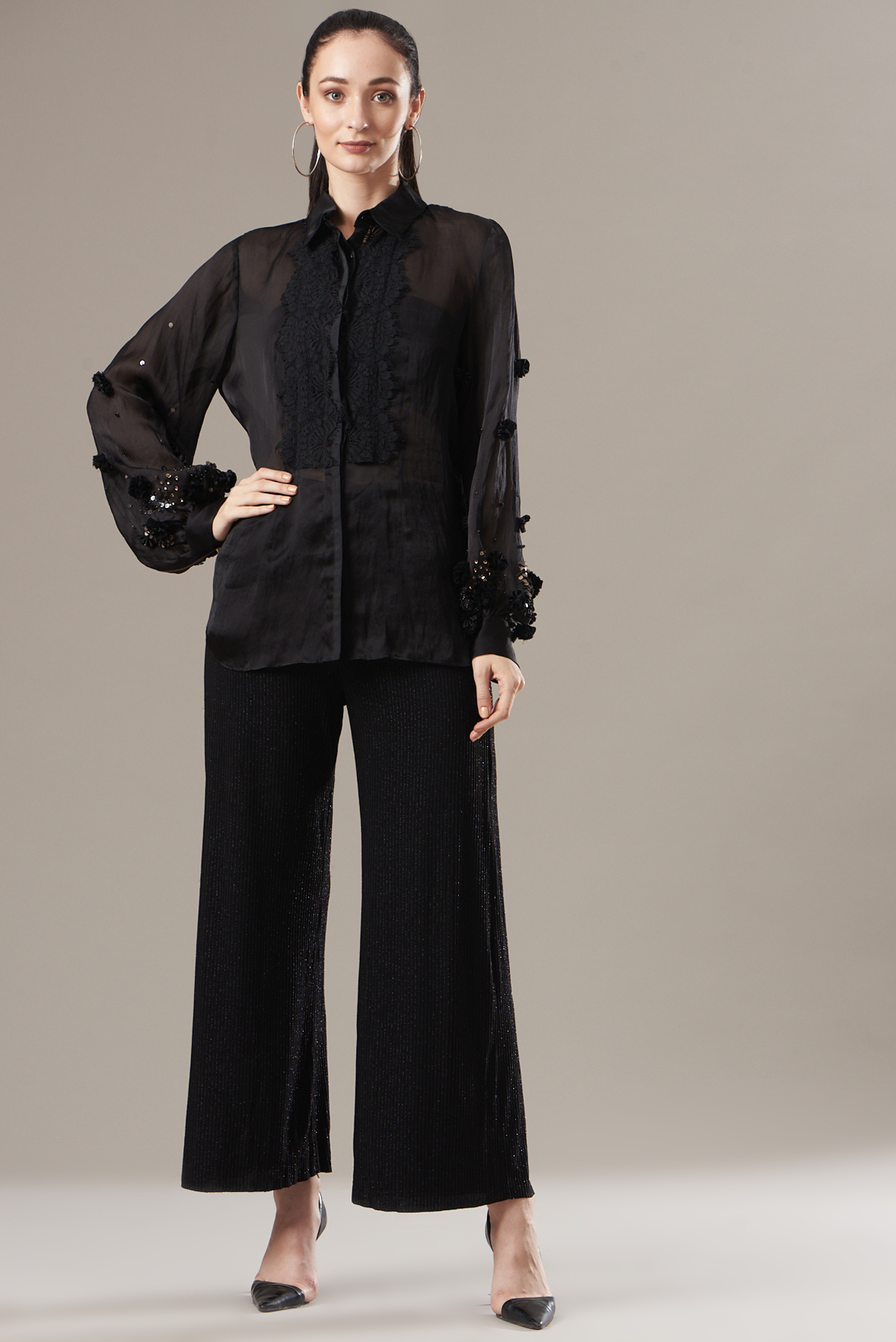 Black Shimmer Lycra Pants by Divya Jain at Pernia's Pop Up Shop