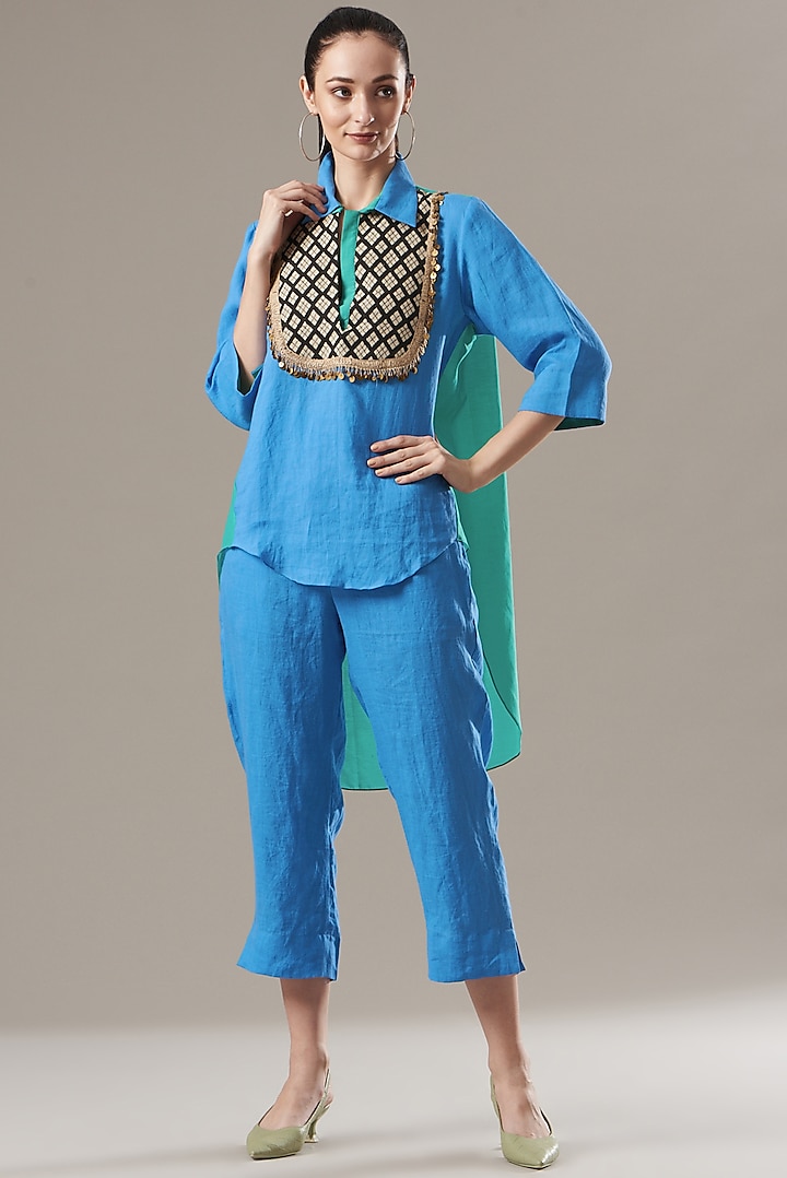 Blue Linen Pant Set by Divya Jain at Pernia's Pop Up Shop