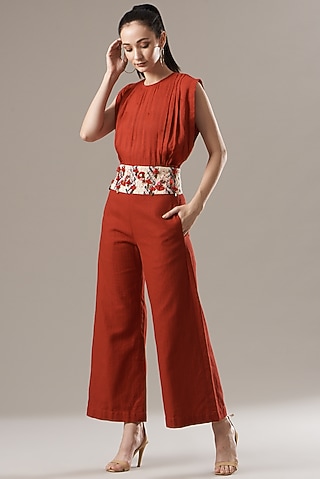 Red Cotton Jumpsuit by Divya Jain