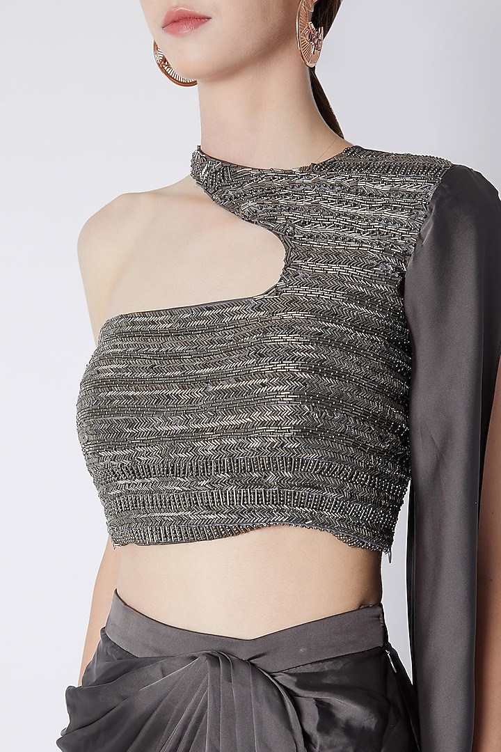 Silver Dhoti Skirt With Embroidered Blouse by Disha Kahai at Pernia's Pop Up Shop